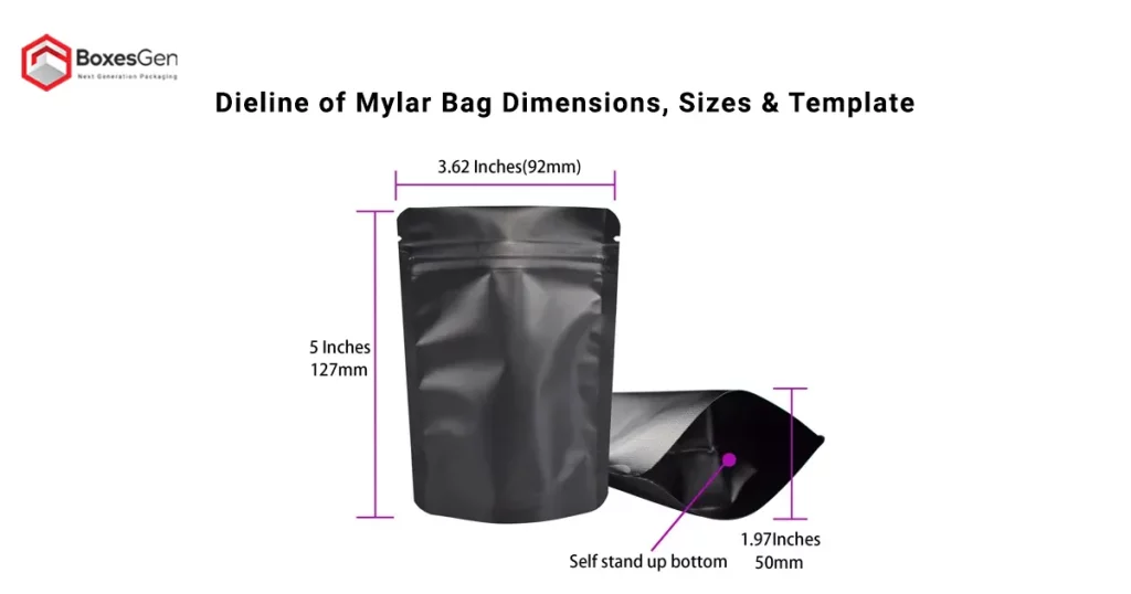 Dieline of Mylar Bag Dimensions, Sizes & Template