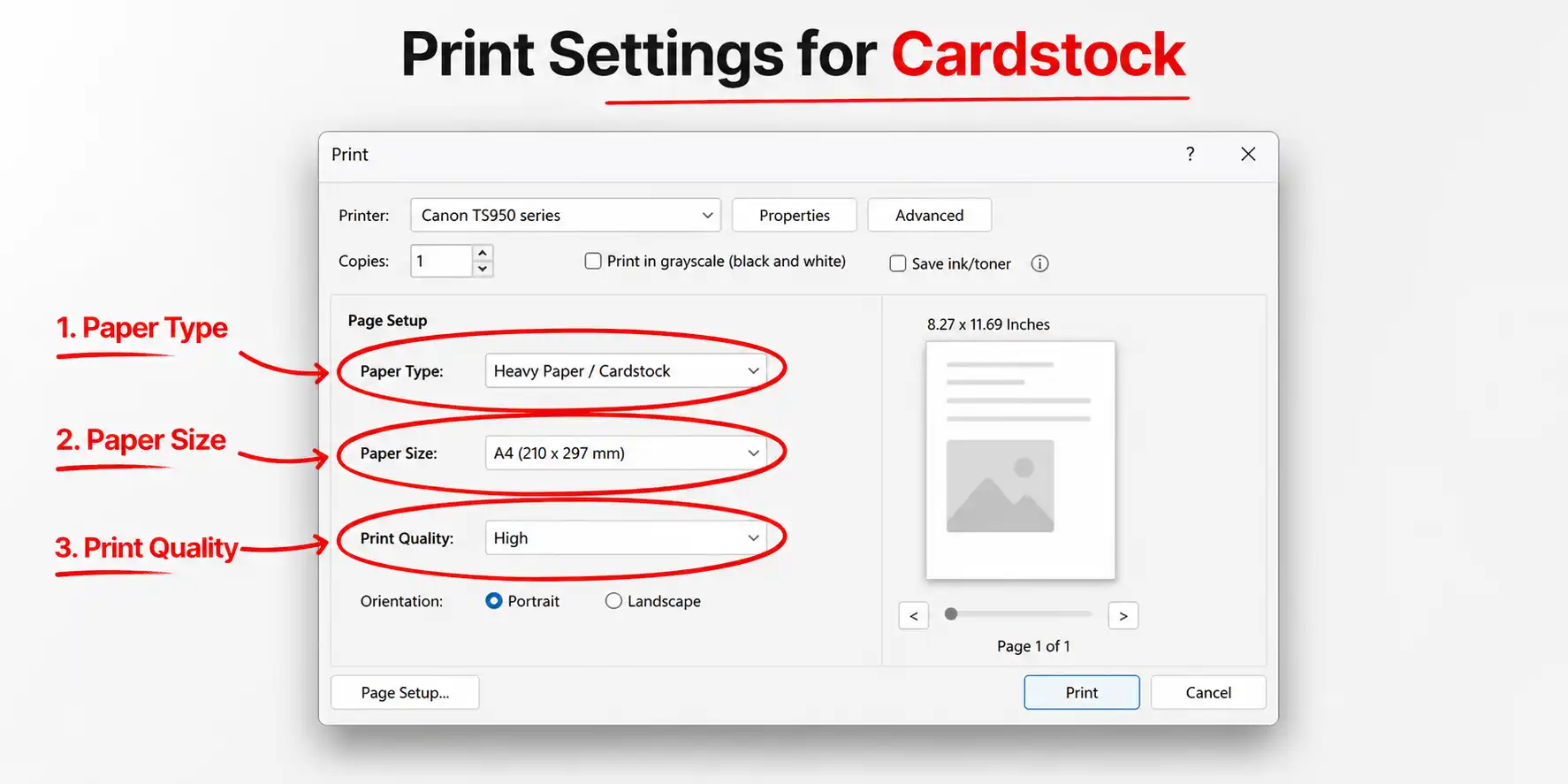 Print settings for cardstock