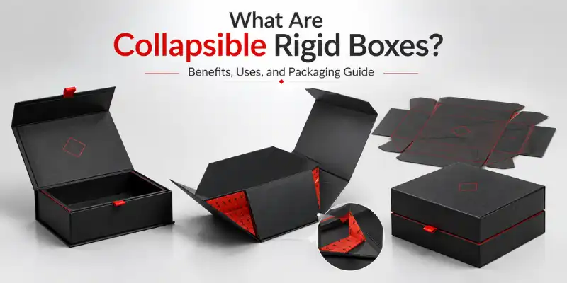 Luxury collapsible rigid boxes packaging guide showing foldable magnetic rigid boxes, custom collapsible gift boxes, flat unfolded box layout, and premium black rigid packaging with red interior accents.